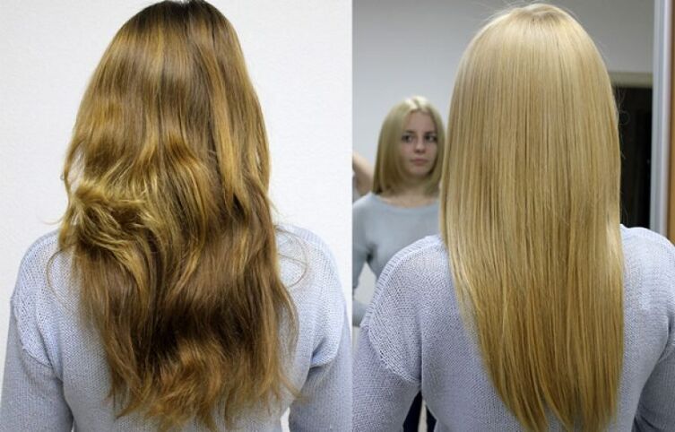 Antes y después de decolorar y teñir el cabello.